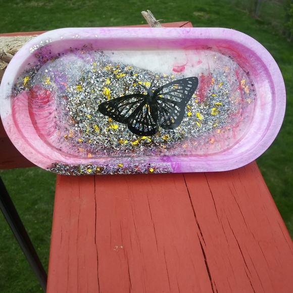 Hand Crafted Other - Pink Butterfly Sparkly Glitter Resin Tray Art Handmade Beautiful Oval Jewelry